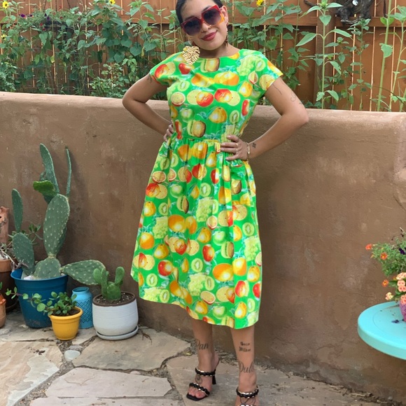Vintage 1980s Tropical Fruit Green Dress Mod Farmers Market Chic M/L - Picture 7 of 9